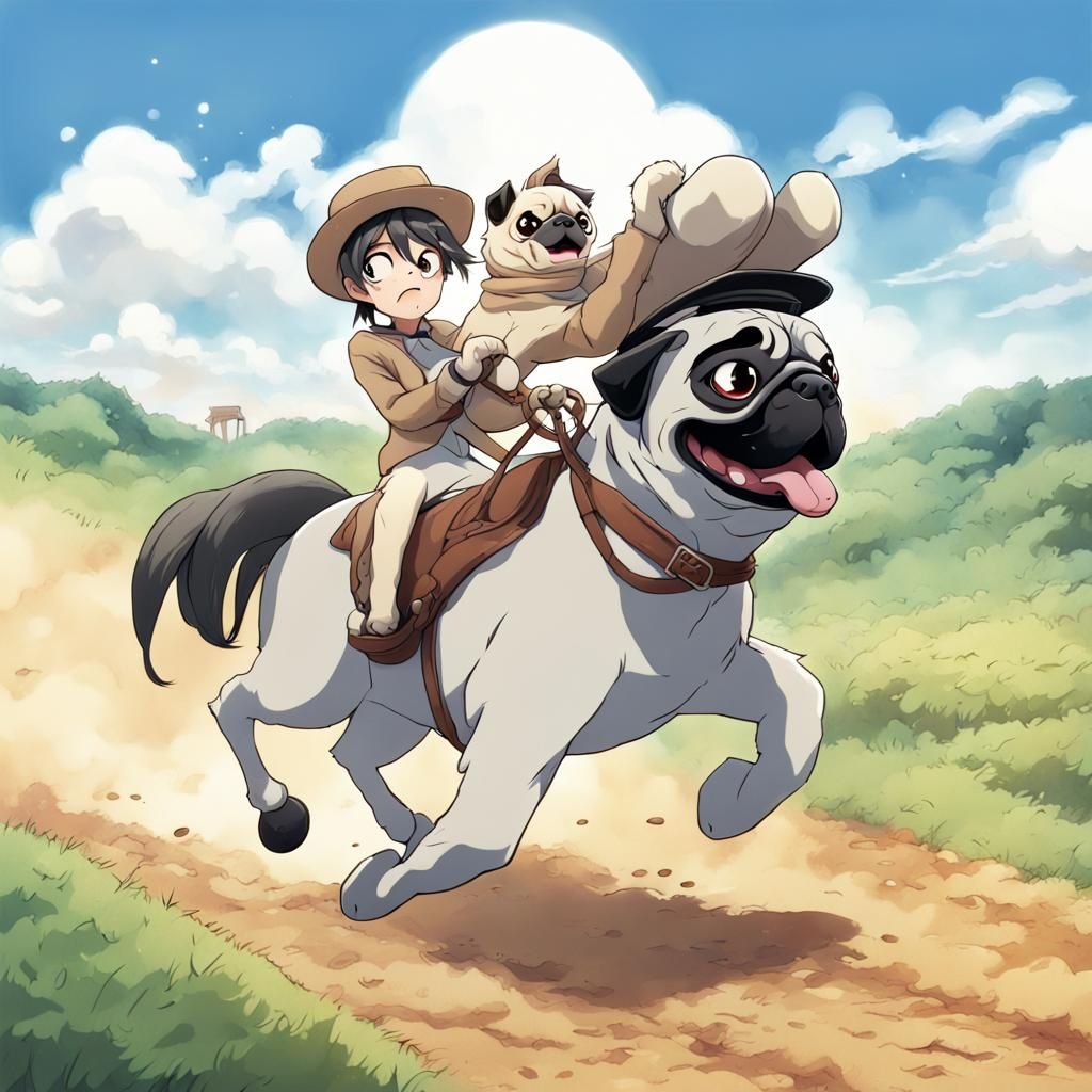 Cartoon Pug Dog Rides Horse in Anime Style
