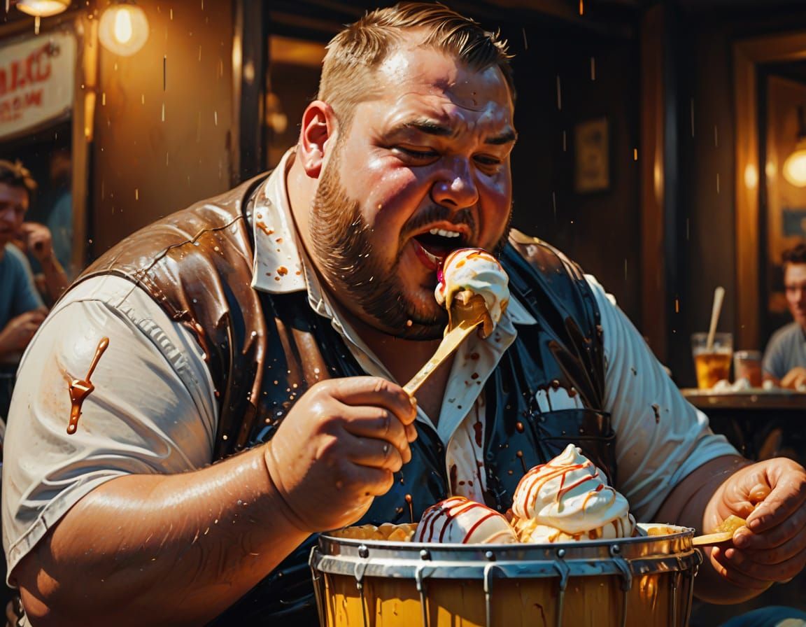 Fat American slob eating ice cream out of a 5 gallon drum wi...