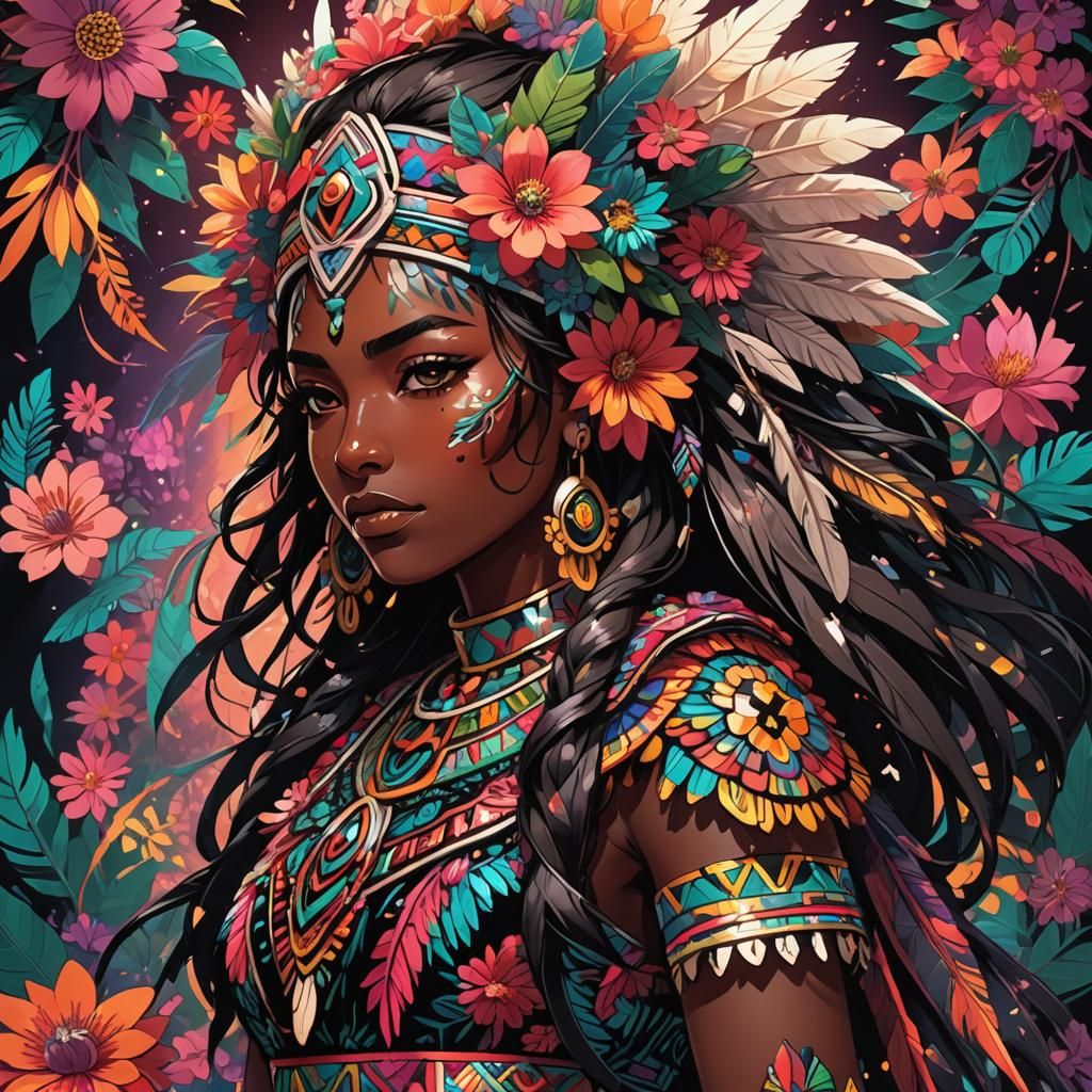 Aztec Girl in Neotraditional Anime Style