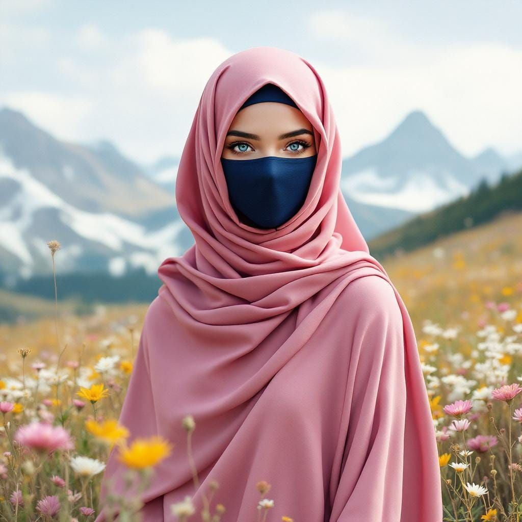 Alpine Meadow Stroll: Hijabi Woman in Oil Realism