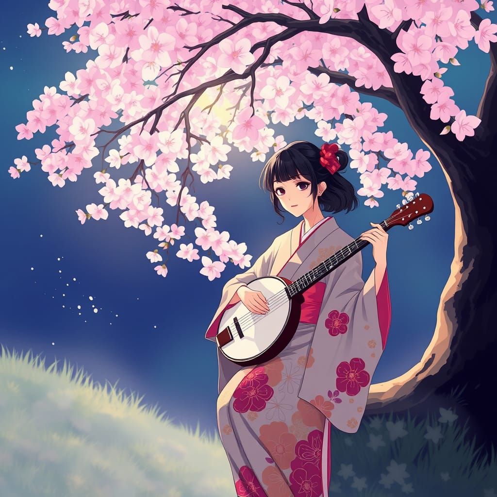 Anime Woman Plays Banjo Under Sakura Tree in a Vibrant Flat ...