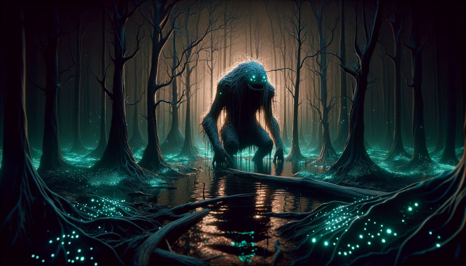Eerie Bunyip in Bioluminescent Swamp at Night