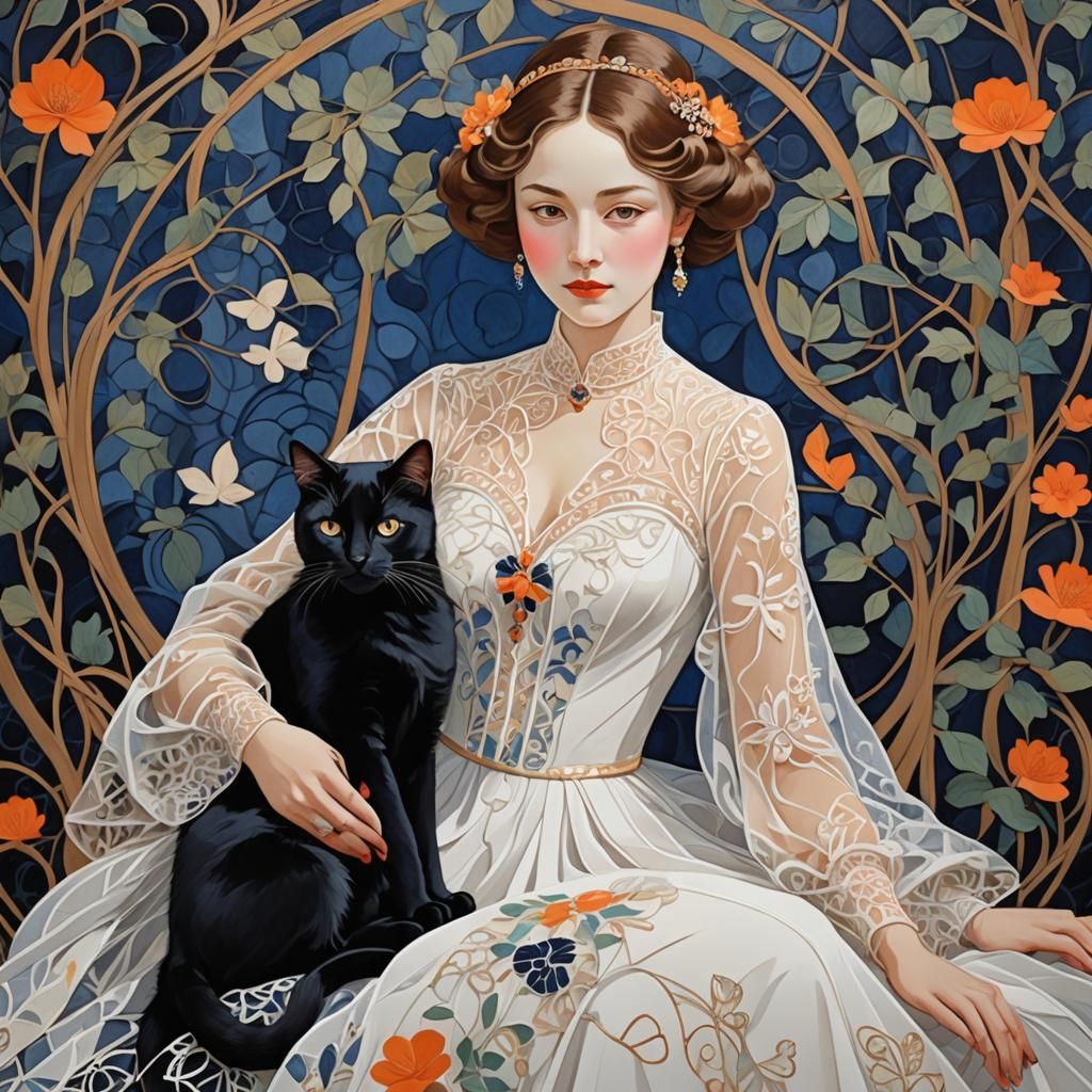 Elegant Lady with Cat in Art Nouveau Style