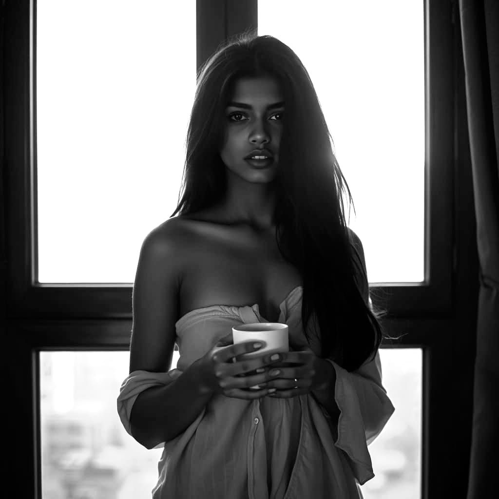 Serene Indian Woman at Dawn with Coffee
