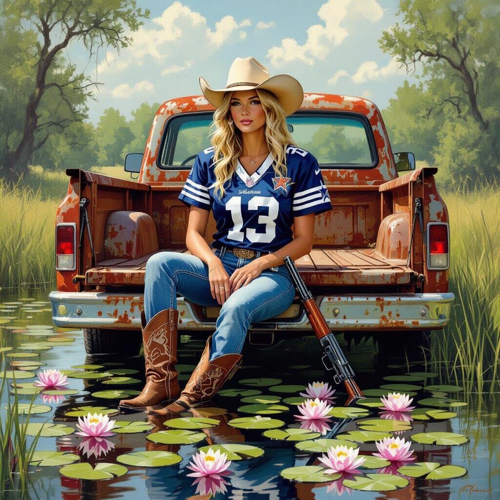 Cowgirl Duck Pond Scene in Folk Art Style