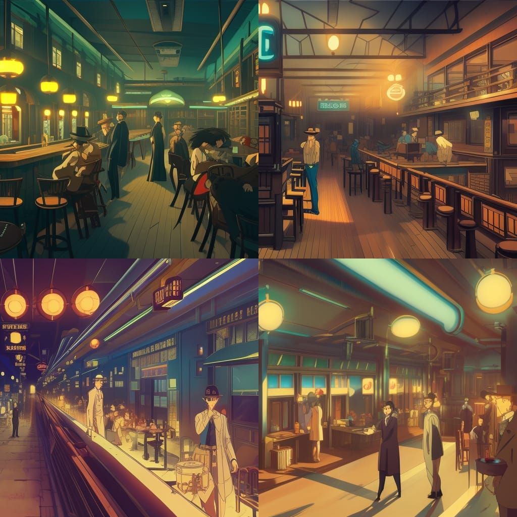Futuristic Noir Saloon in Studio Ghibli Anime Style