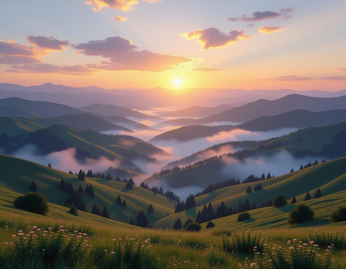 Epic Valley of Rolling Hills at Sunset