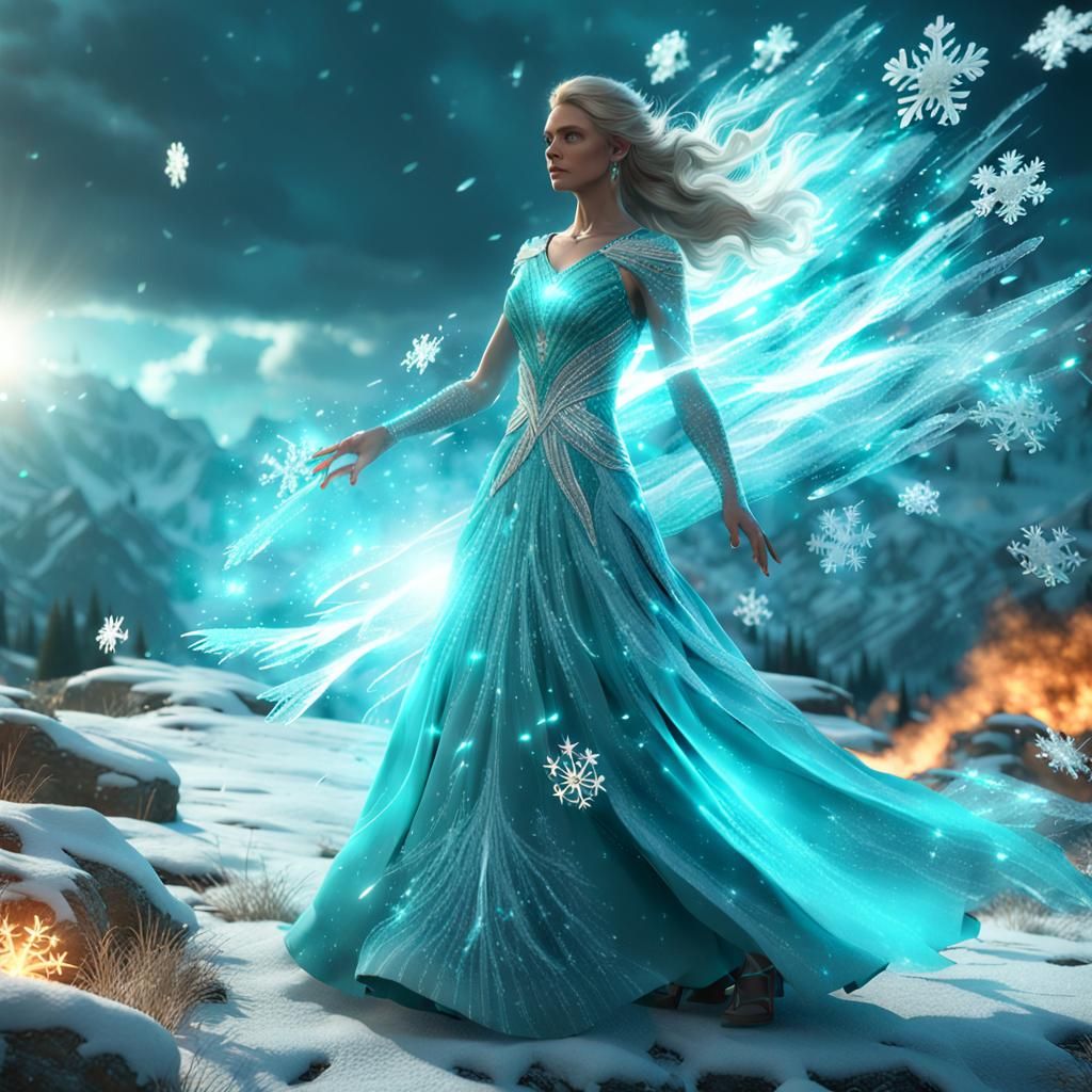 Icy Woman Emerges from Wildfire in 3D Game Art