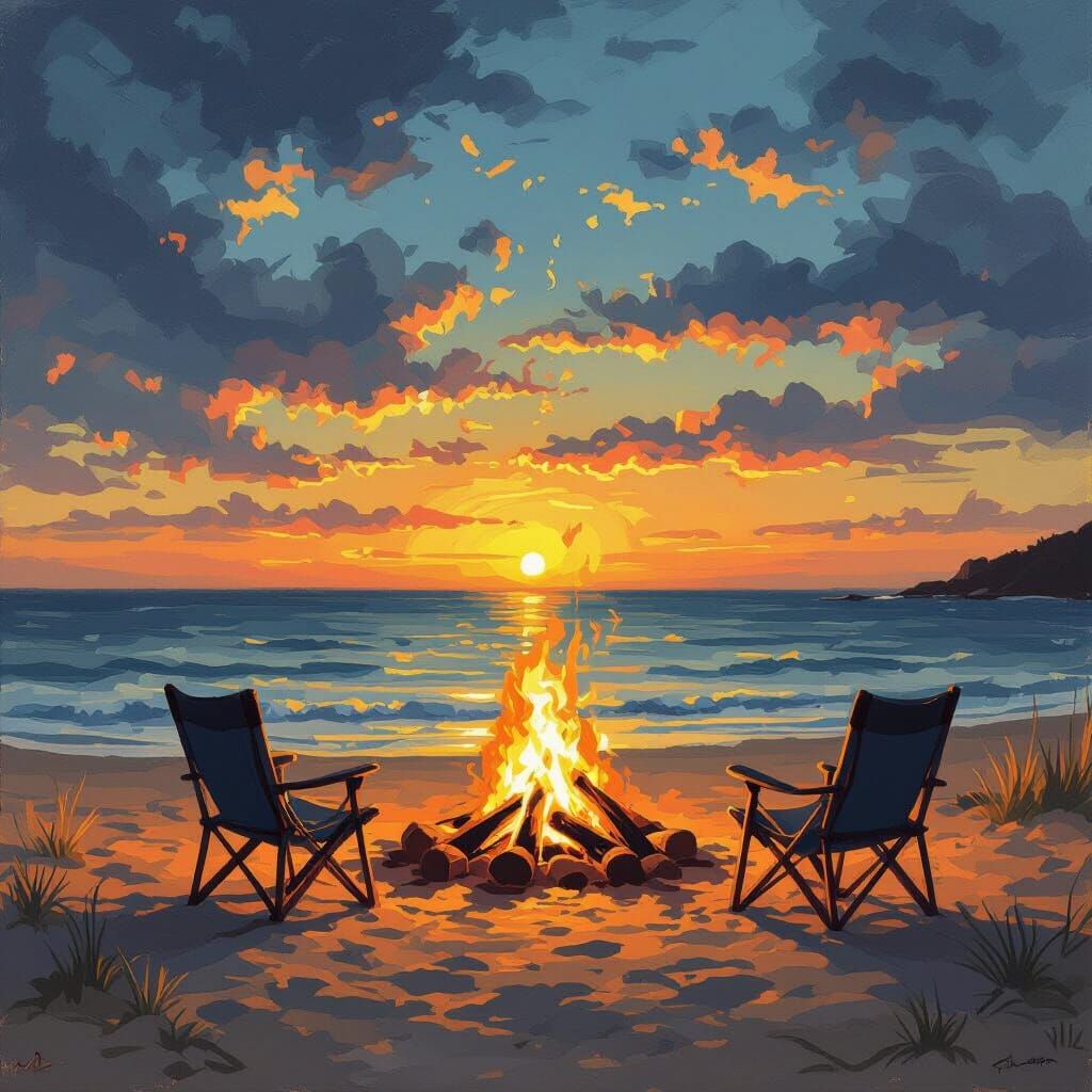Beach Bonfire at Night in Impressionist Style