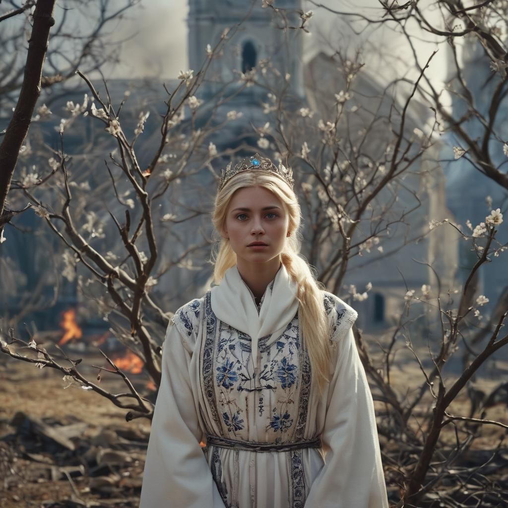 Pagan Princess Amidst Burning Church: Cinematic Still