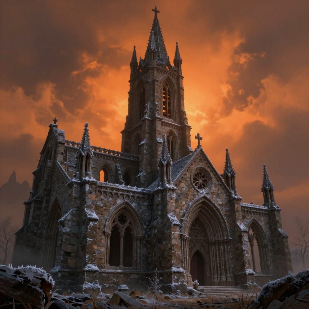 Ethereal Orange Glow on Medieval Church Ruins with Frost