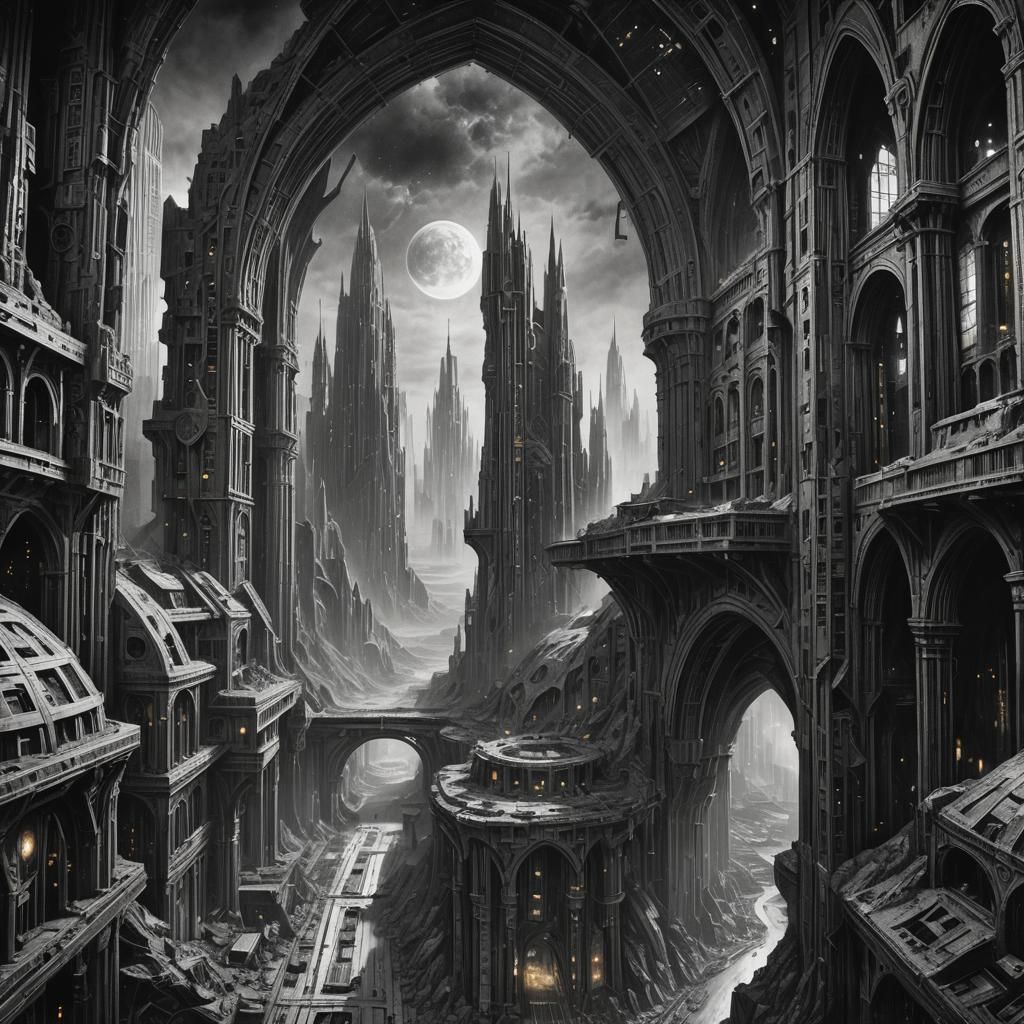 Metropolis Inside Asteroid: Detailed Charcoal Drawing