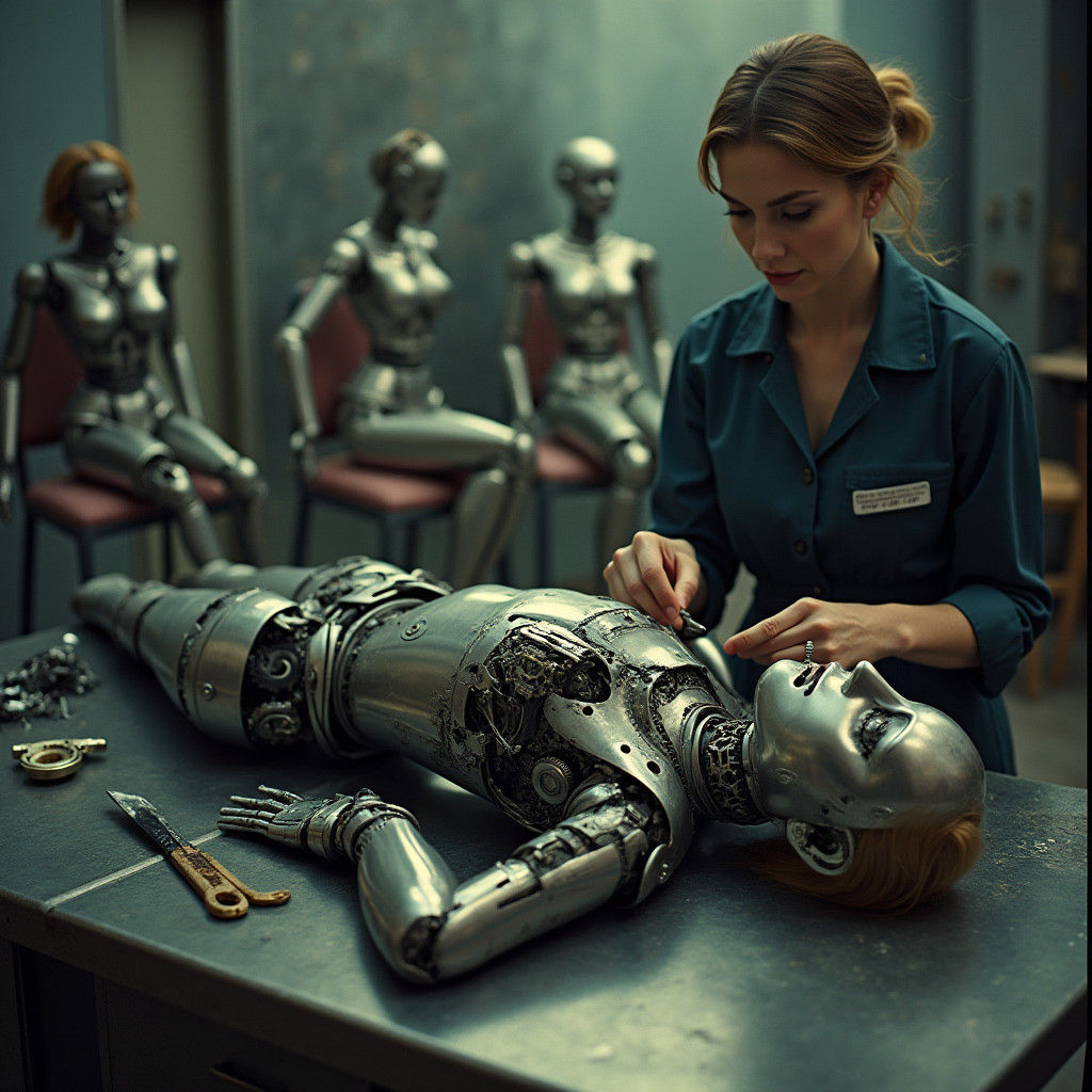 Clockwork Woman Being Repaired in Workshop