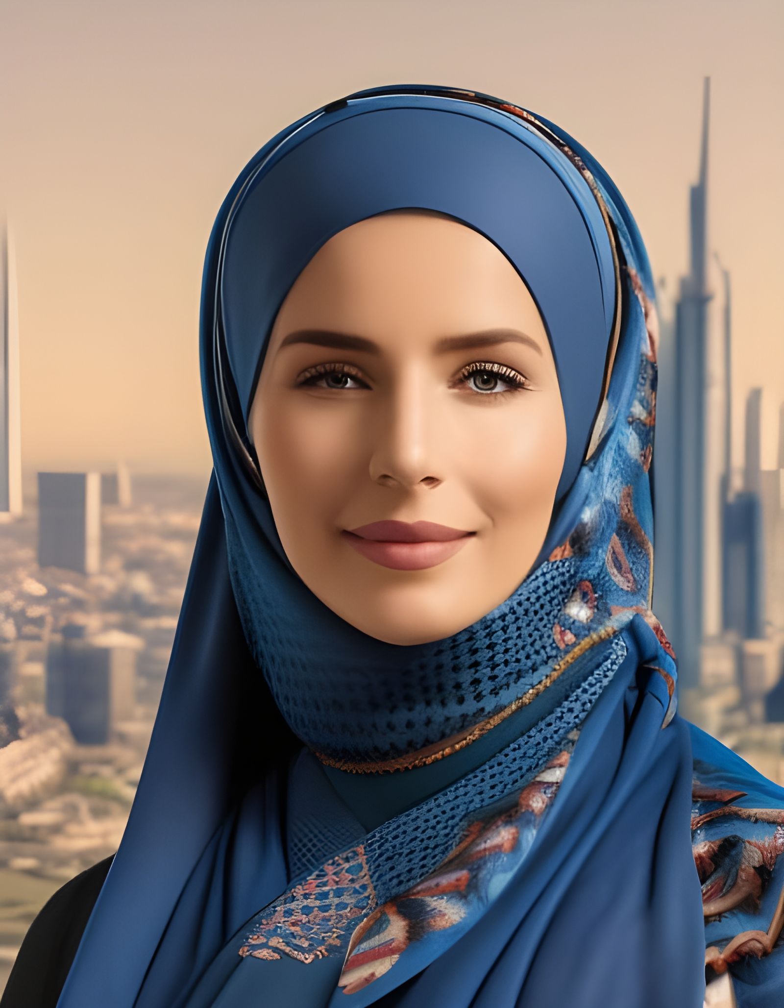 German Woman in Hijab in City Park, Detailed Painting