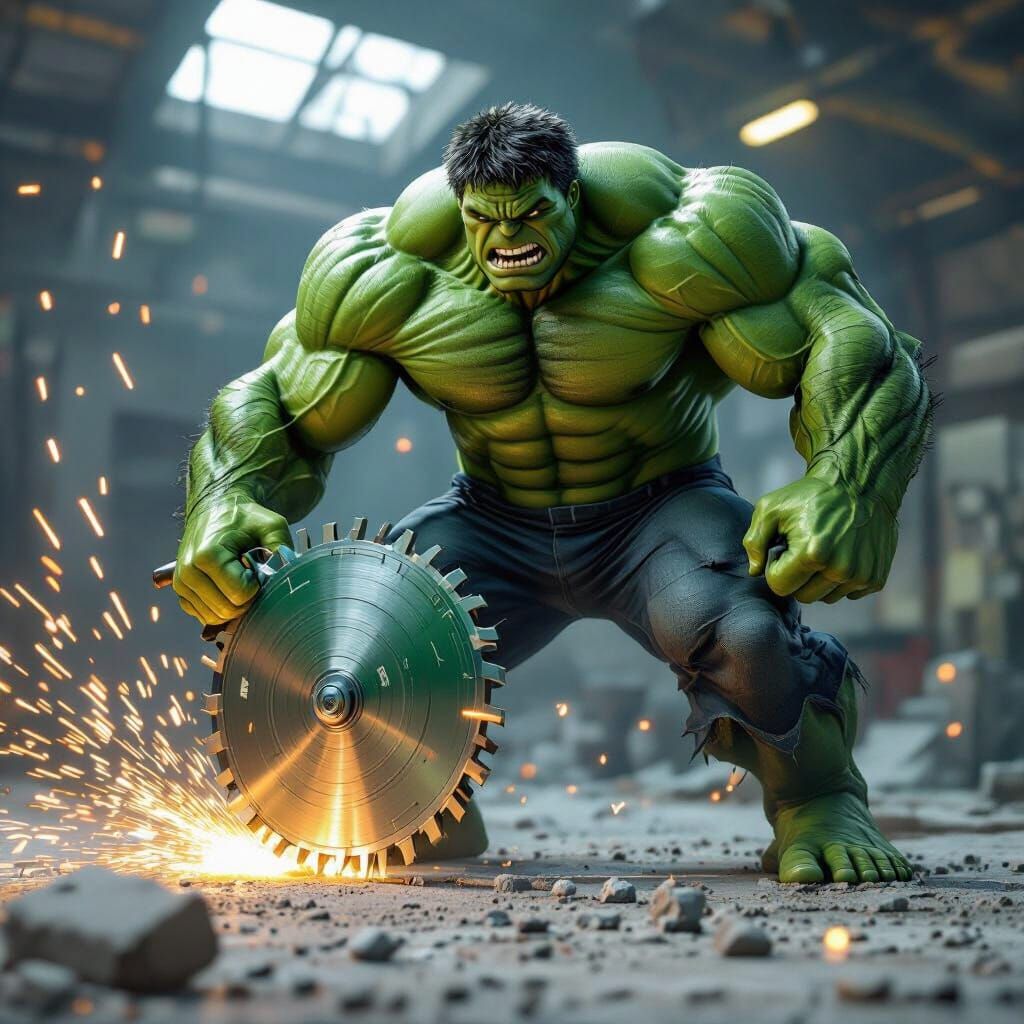 Hulk Wields Spinning Saw Blade in Hyperrealistic Digital Art