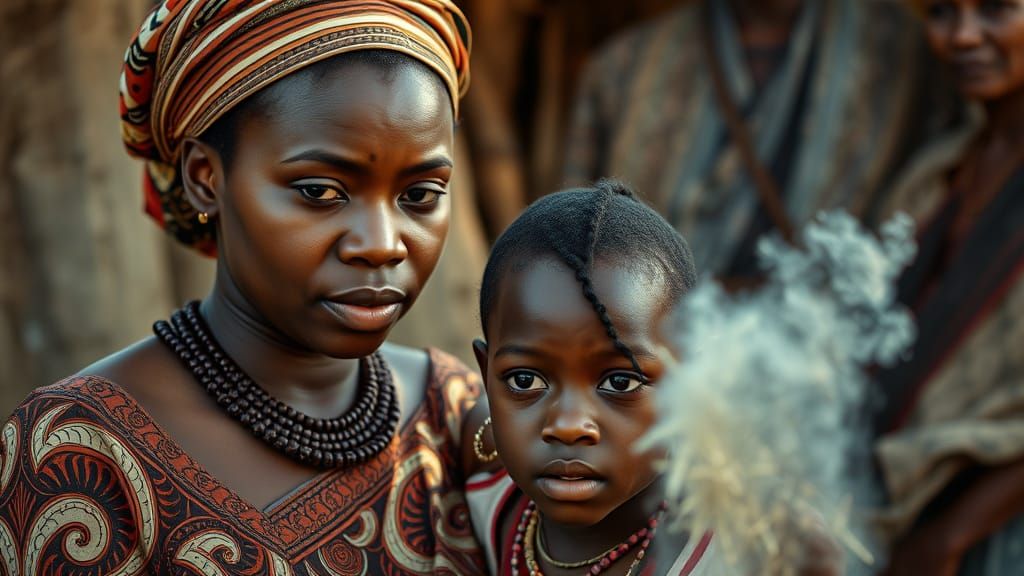 Nigerian Woman Watches Girl Learn in Cinematic Film Still