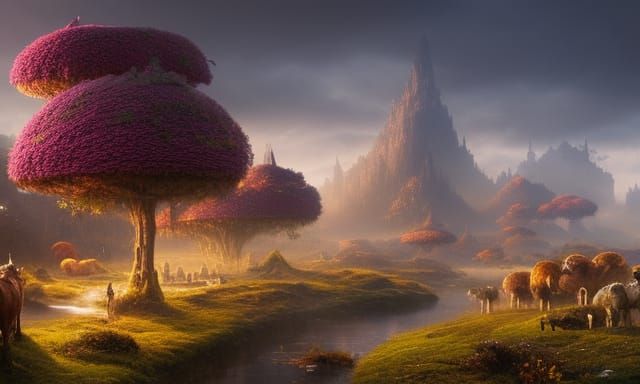Dreamlike Rococo Landscape with Doughnuts and Houses