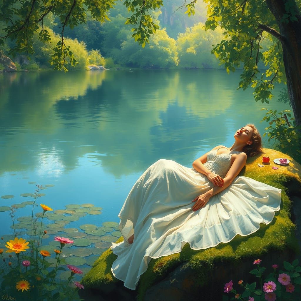 Woman in Serene Lake Landscape with Vibrant Wildflowers