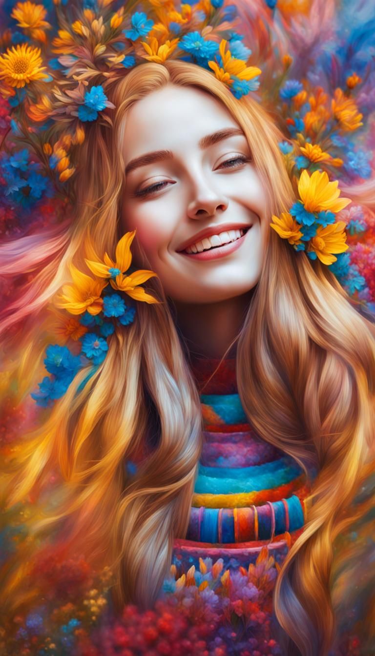 Smiling Face Surrounded by Flowers: Surreal Oil Painting