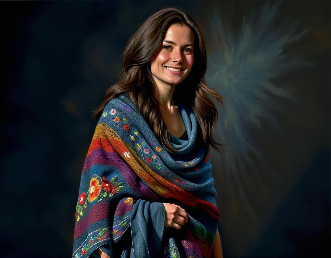 Dramatic Portrait of Woman with Shawl in Oil