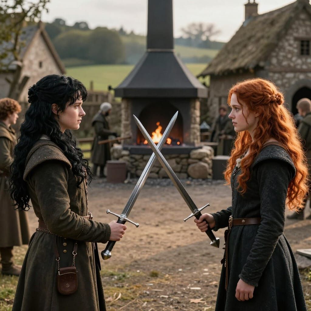 Medieval Village Square Scene with Young Man and Sabers