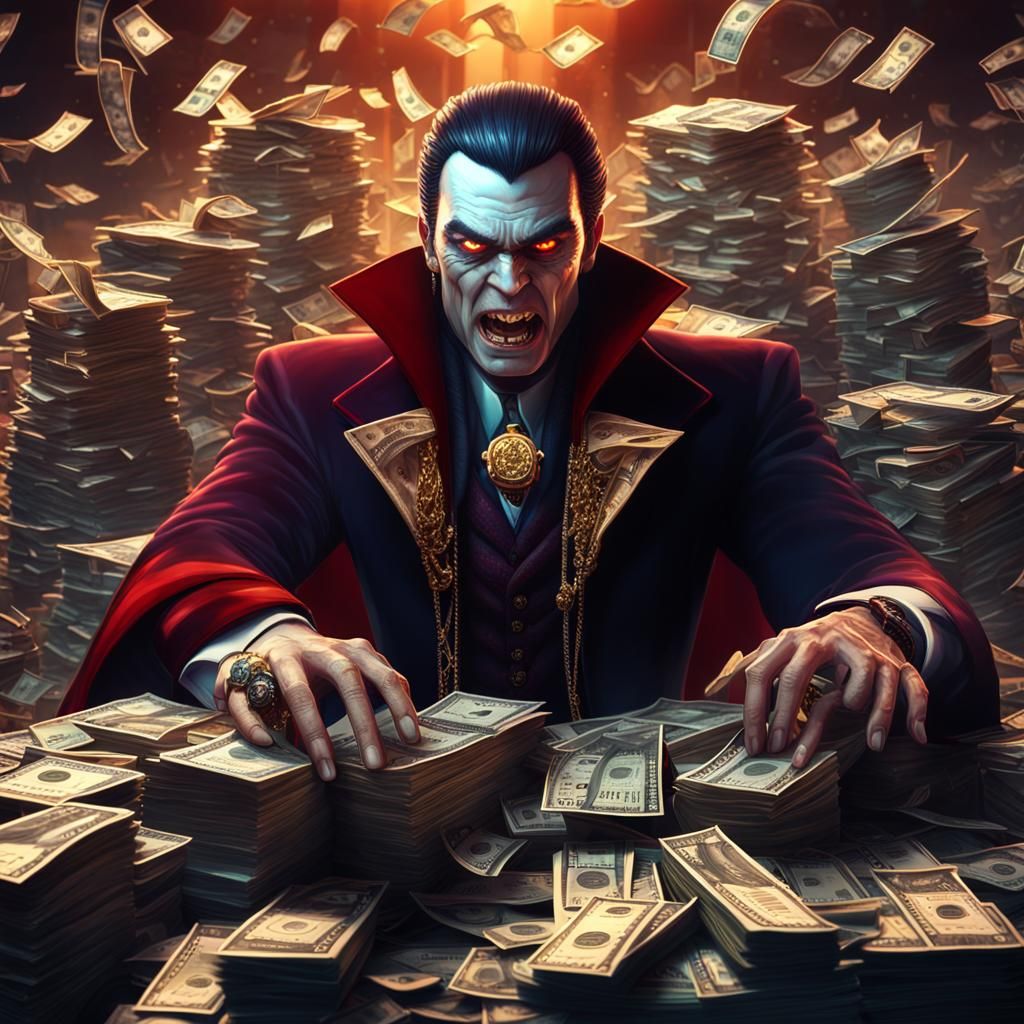 Opulent Vampire Surrounded by Stacks of Cash