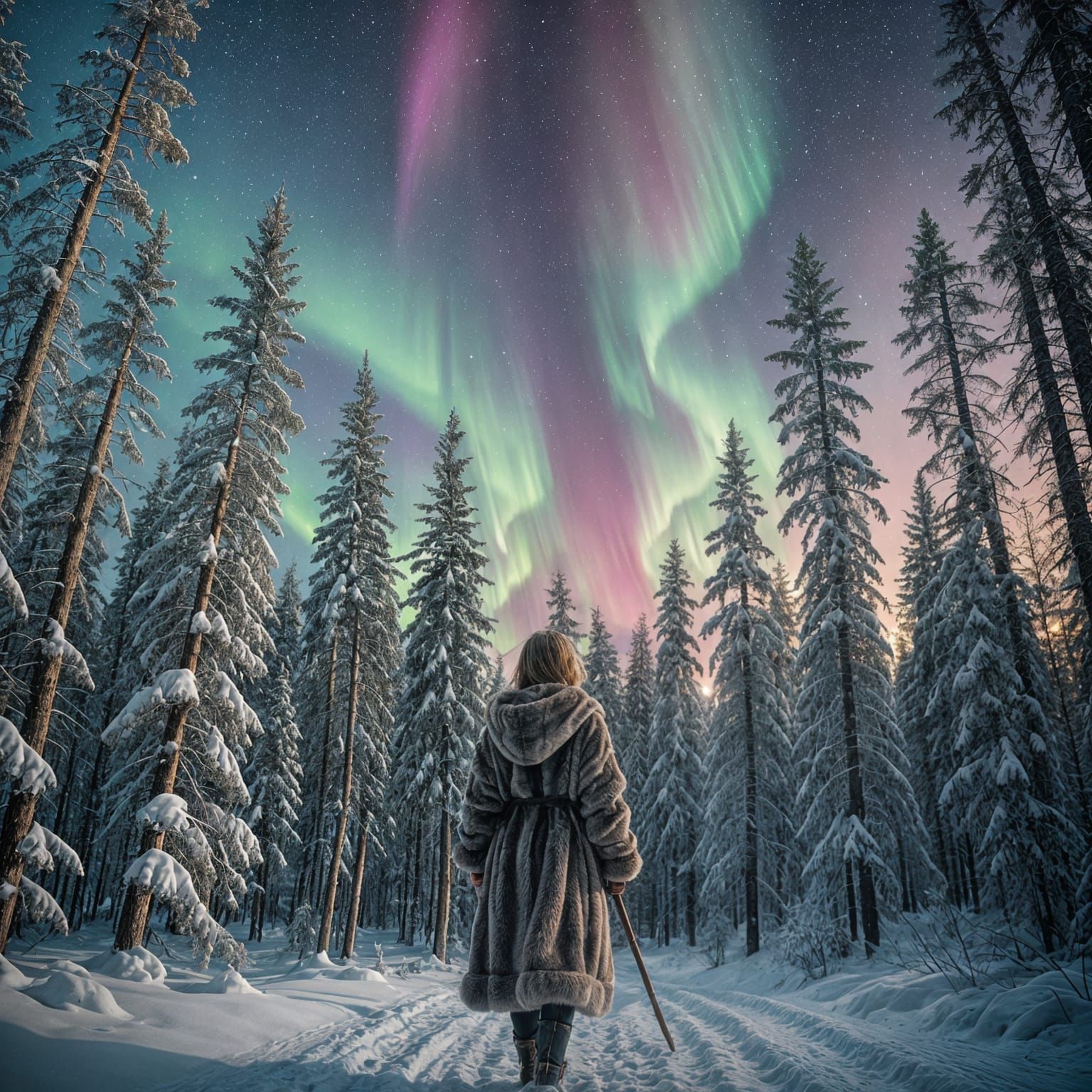 Girl with Spear Gazing at Northern Lights