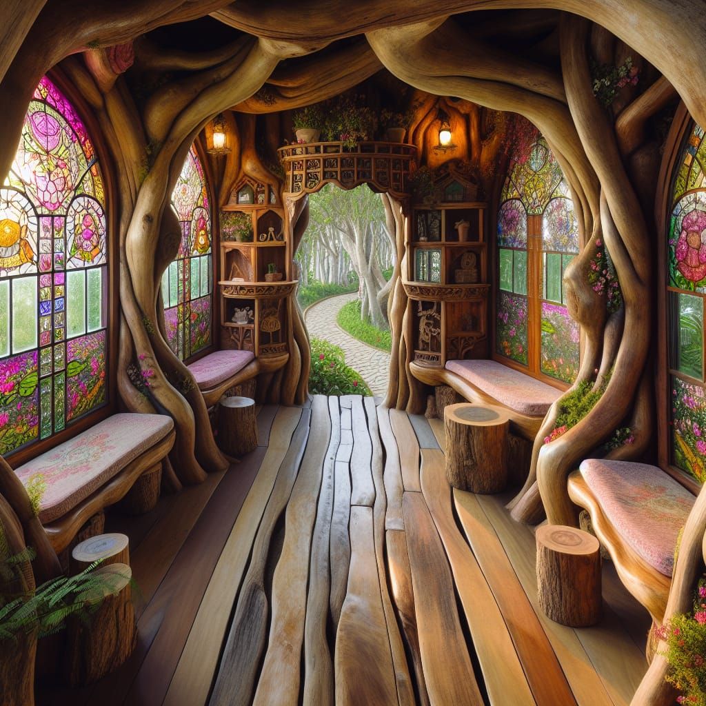 Whimsical Wooden Walkway in a Luminous Living Tree