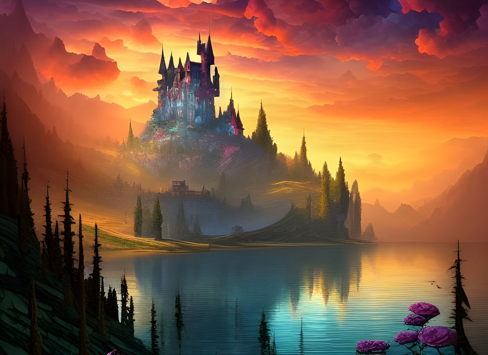 Mystical Castle in Blossom Forest: Digital Painting