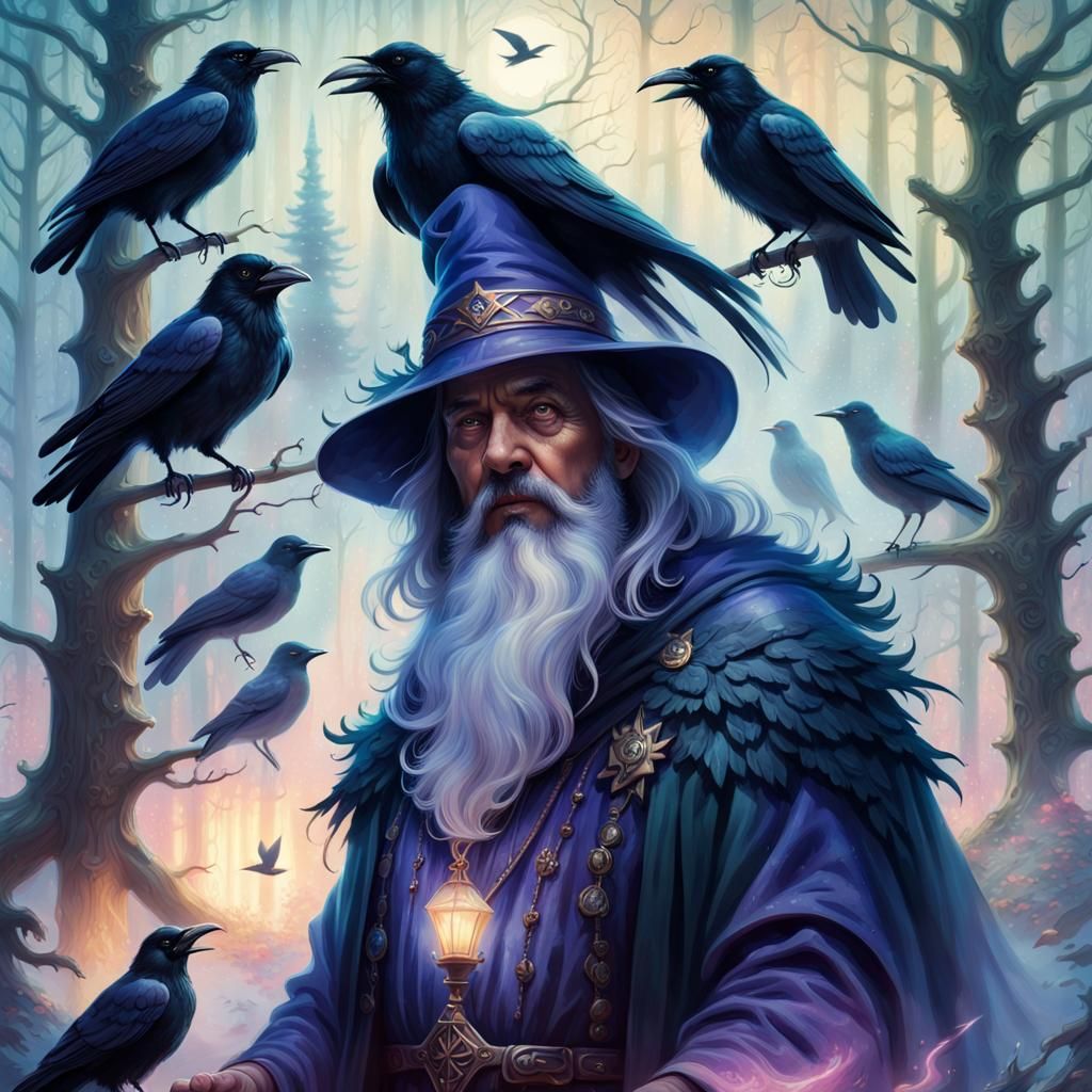 Raven Wizard in Misty Forest: Ethereal Fantasy Art