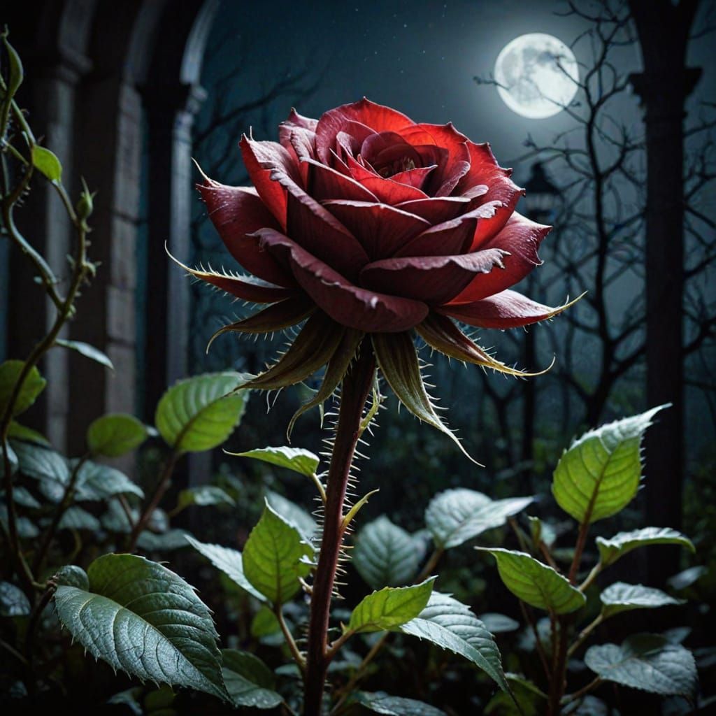 Dark Gothic Rose Blooms with Fanged Buds in Moonlit Garden