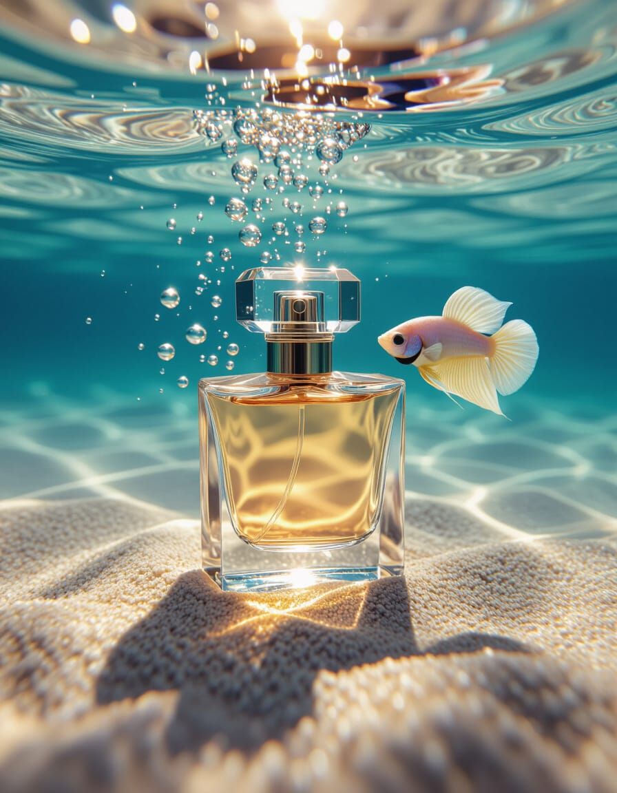 Luxurious Perfume Bottle Underwater with Betta Fish