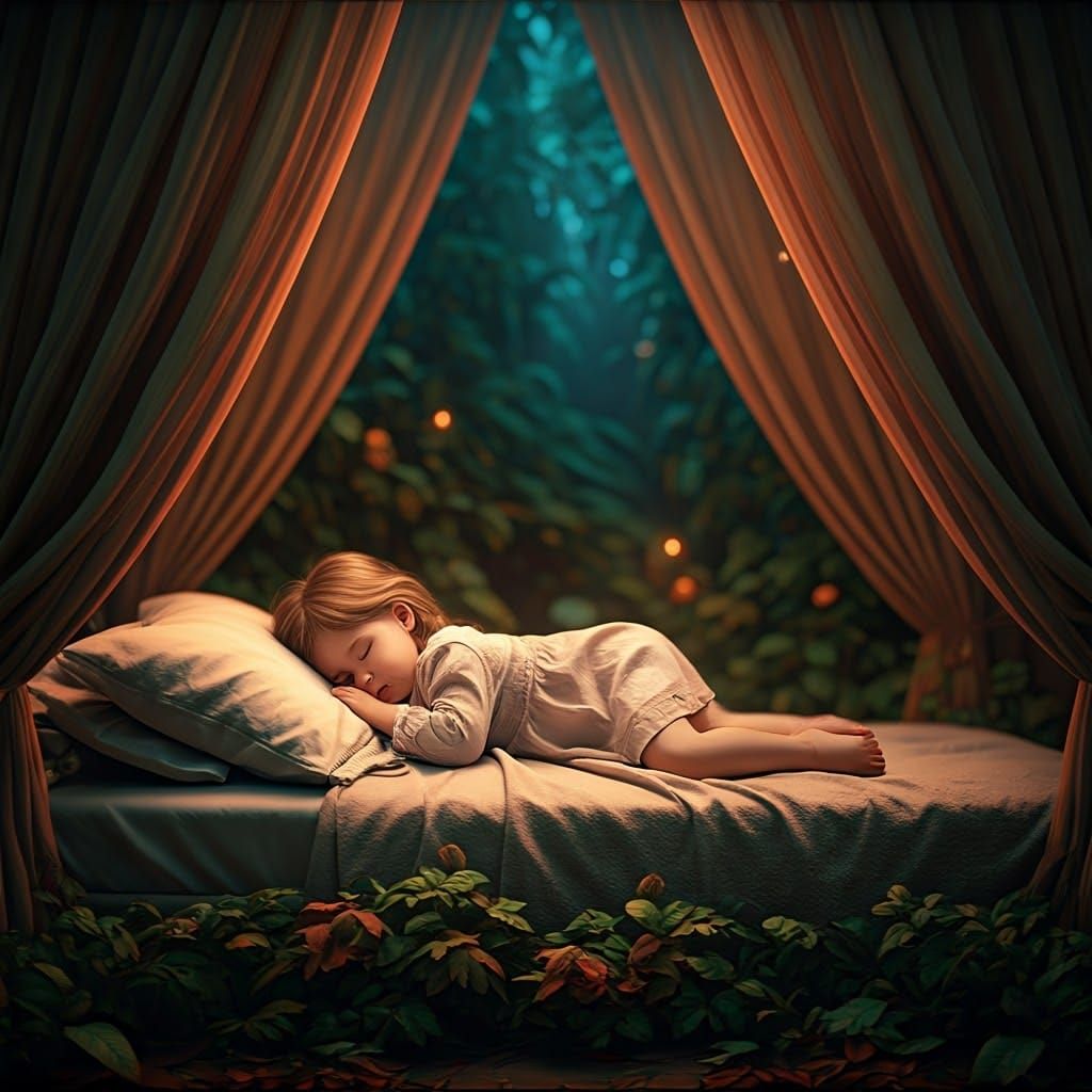 Sleeping Girl in Dreamlike Fantasy Realm, Digital Art