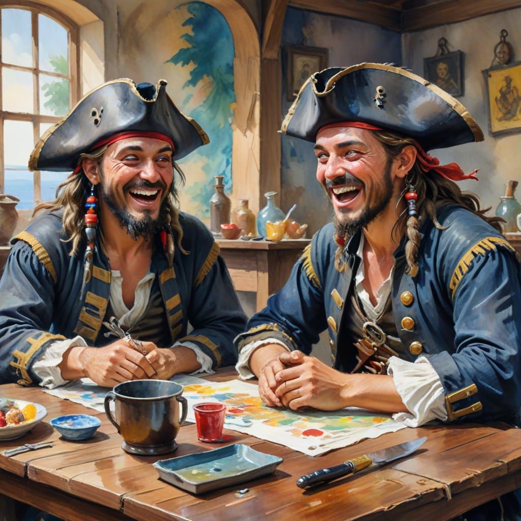 Pirates Laughing: Gouache Impressionist Masterpiece