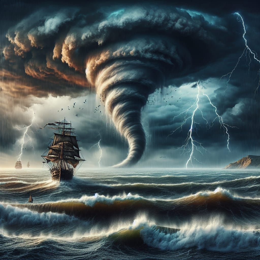 Dramatic Coastal Storm with Tornado, Digital Matte Painting