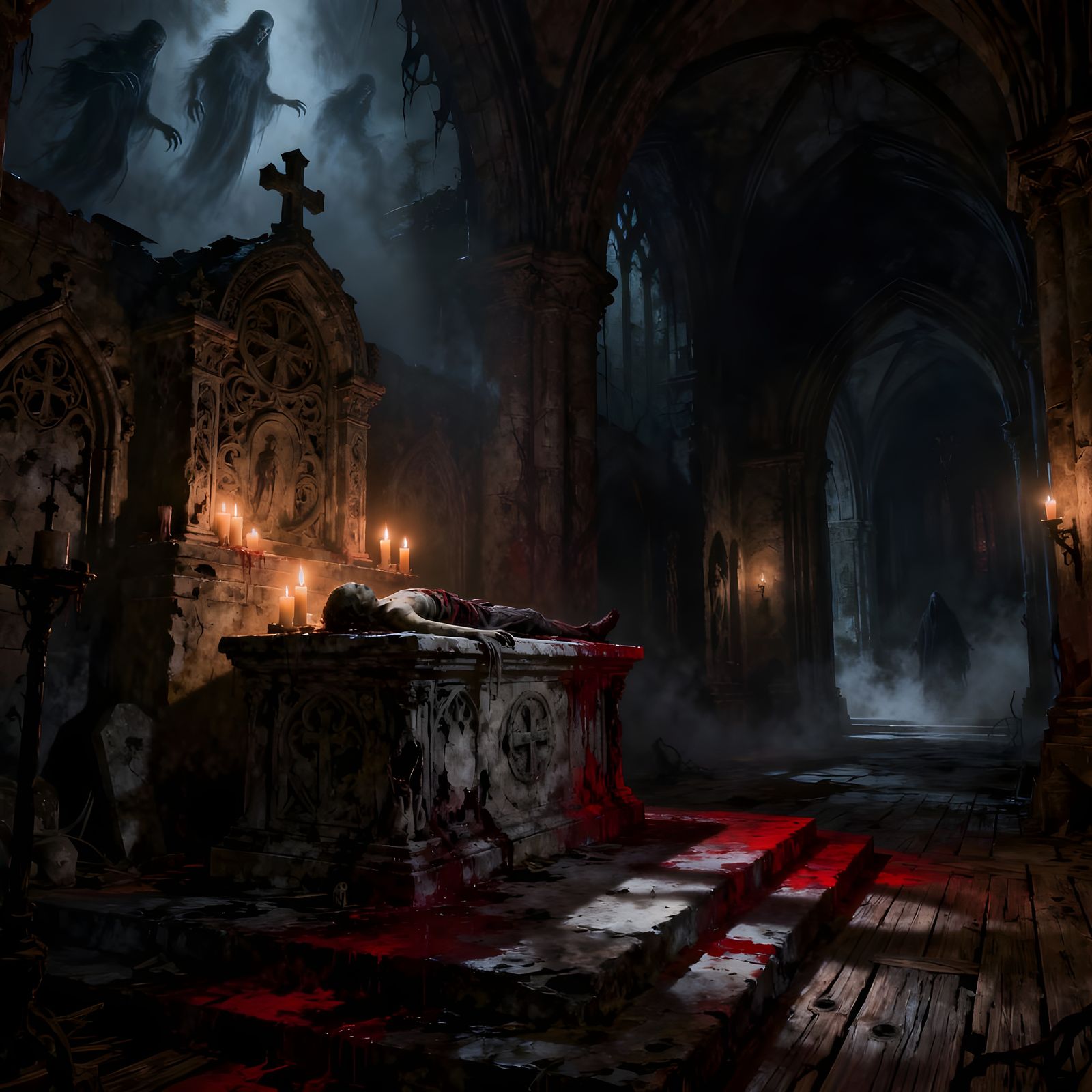 Macabre Crypt Scene with Sinister Symbolism in Dark Fantasy ...