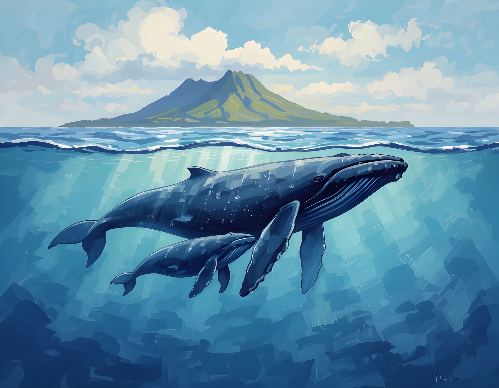 Humpback Whale and Calf: A Serene Underwater Painting