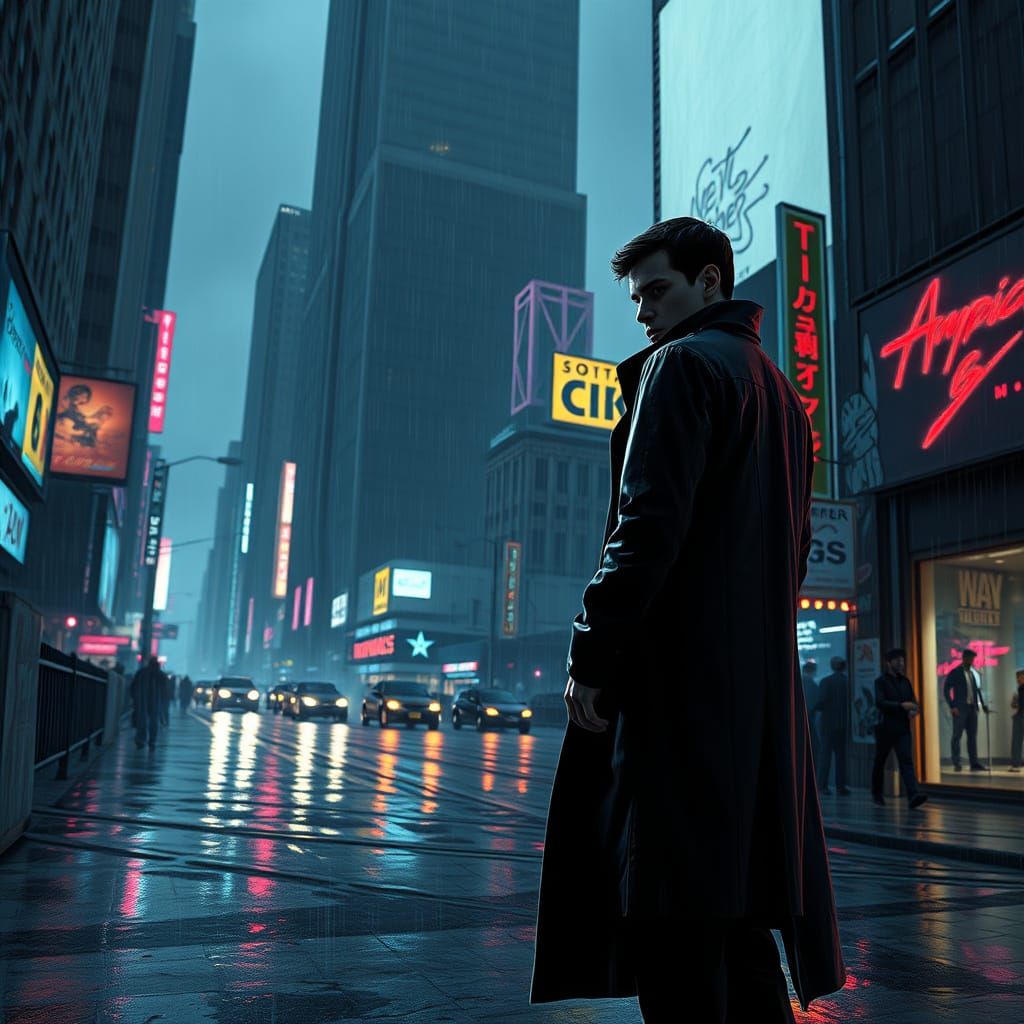 Mysterious Figure in Rain-Soaked Cityscape at Dusk