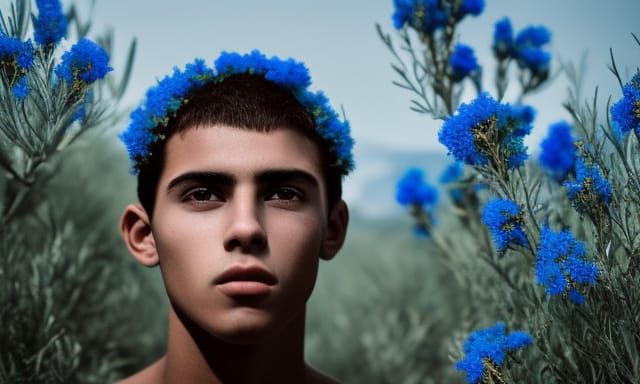 Sensuous Latino Boy in Floral Landscape