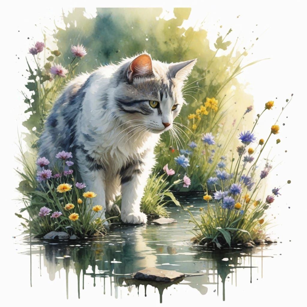 Playful Felines in Whimsical Watercolor Garden