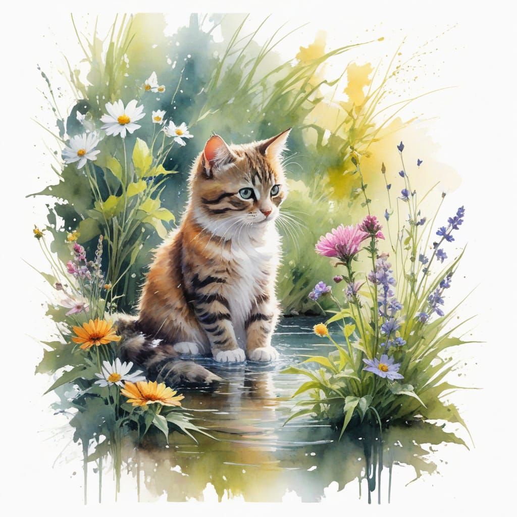 Whimsical Cats in a Sunlit Garden Oasis