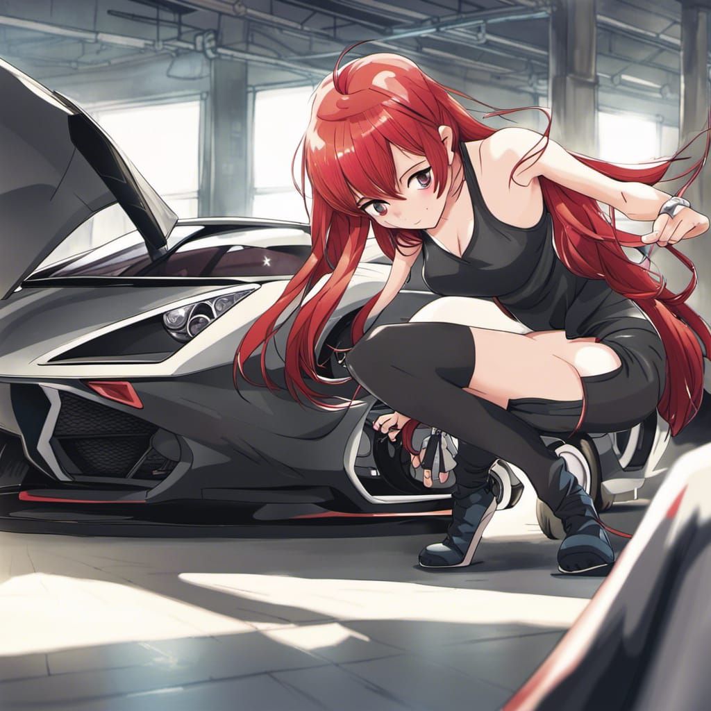 Anime Girl with Red Hair and Supercar