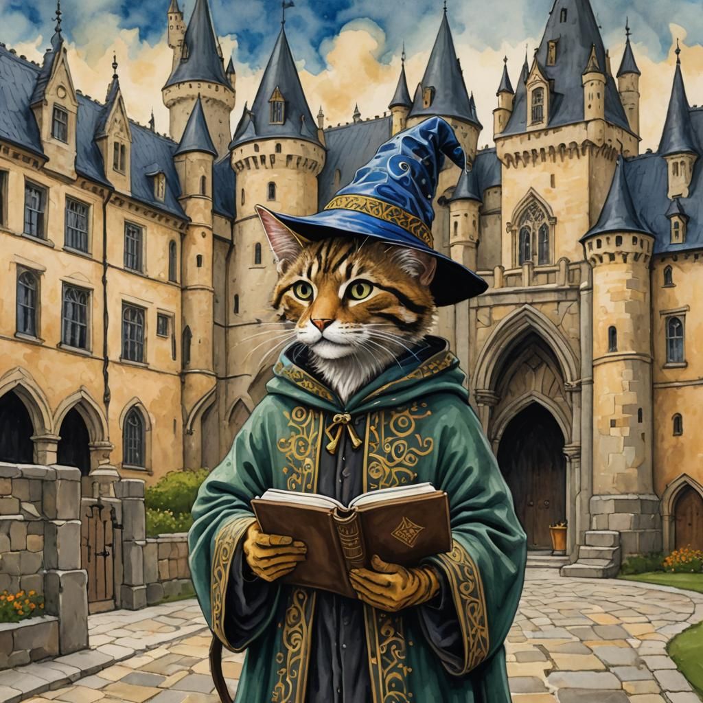Tabaxi Wizard Student in Gouache Style