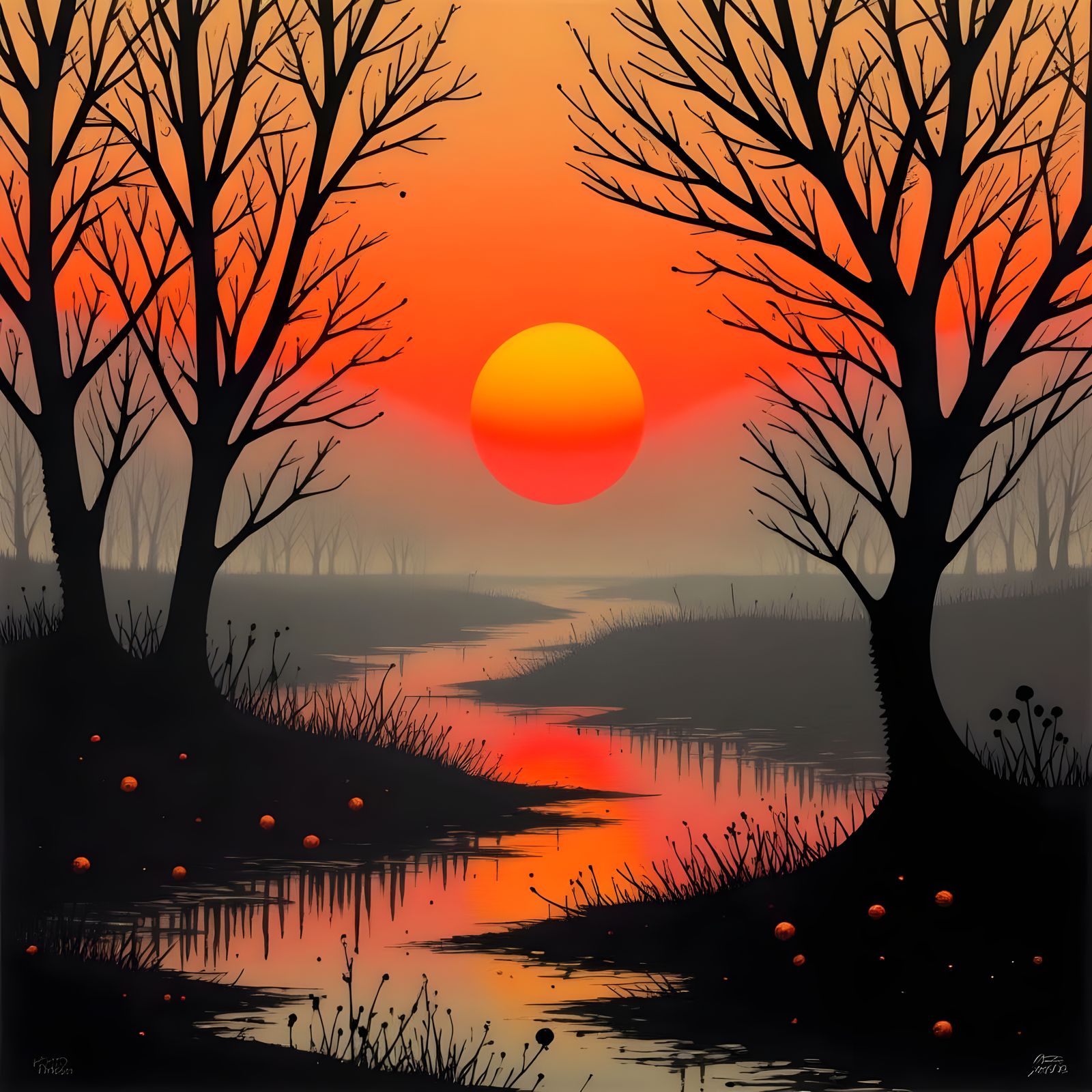 Foggy Sunset Over Swampy Everglades