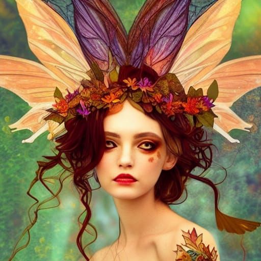 Winged Autumn Fairy Portrait in Mucha Style
