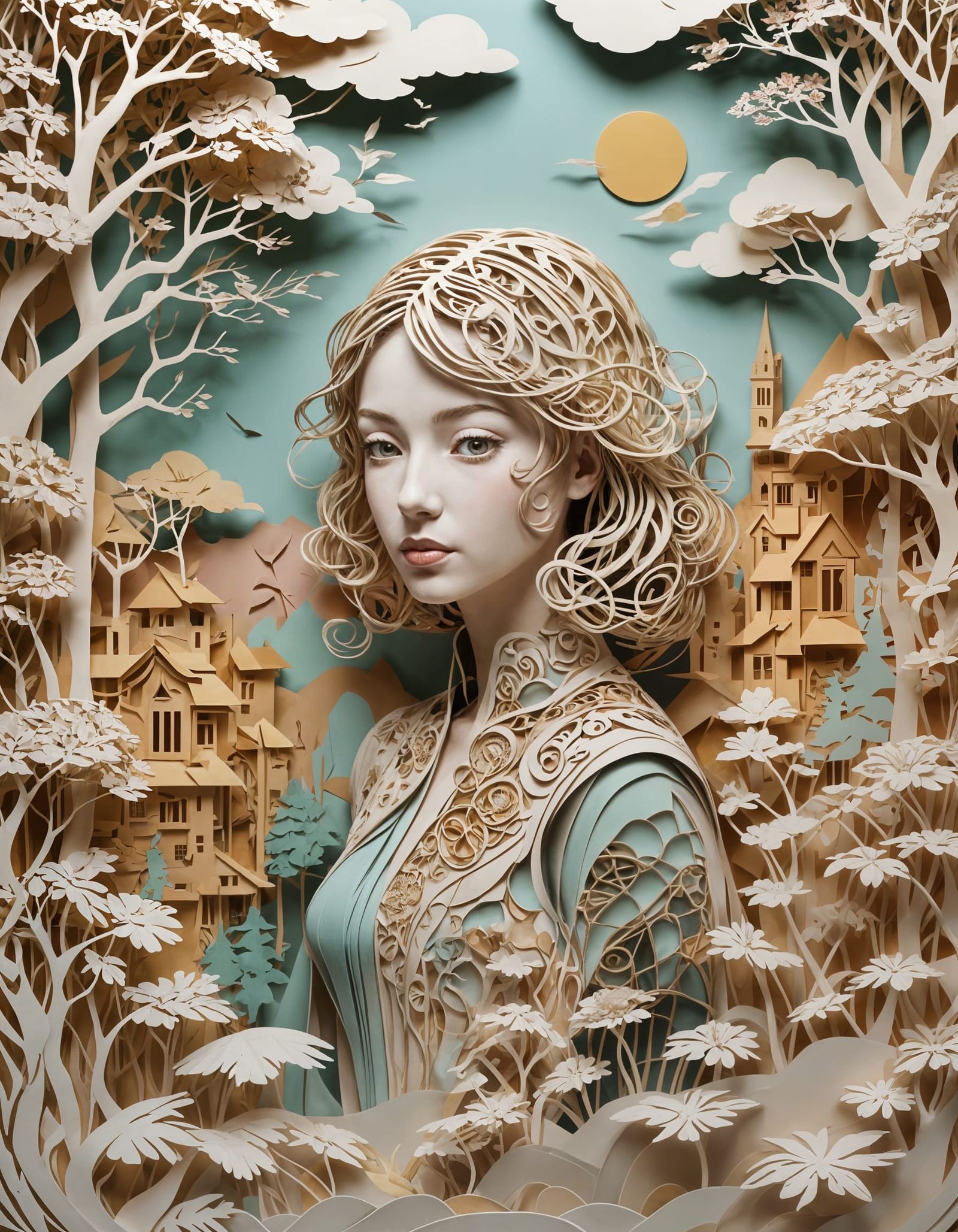 Surreal Kirigami Portrait of Femininity in Soft Colors