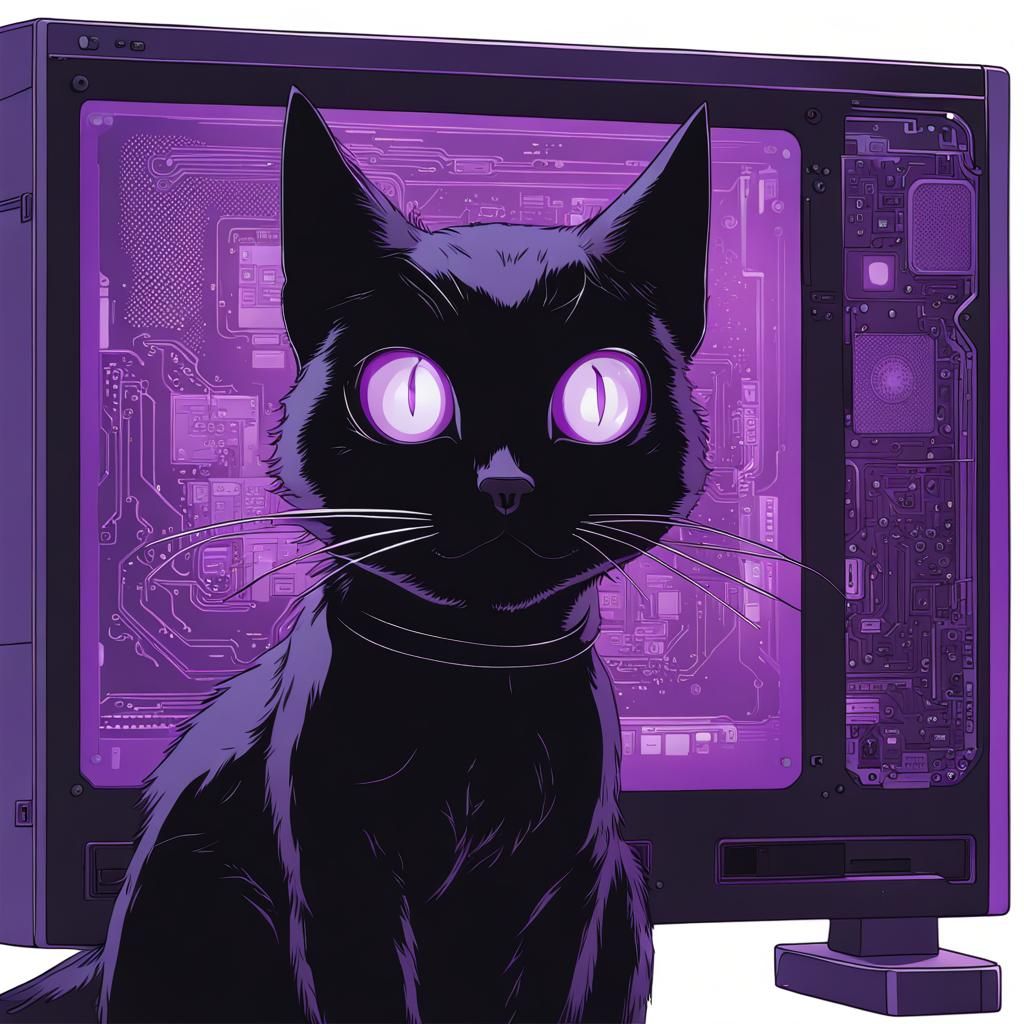 Futuristic Computer with Black Cat: Anime Style