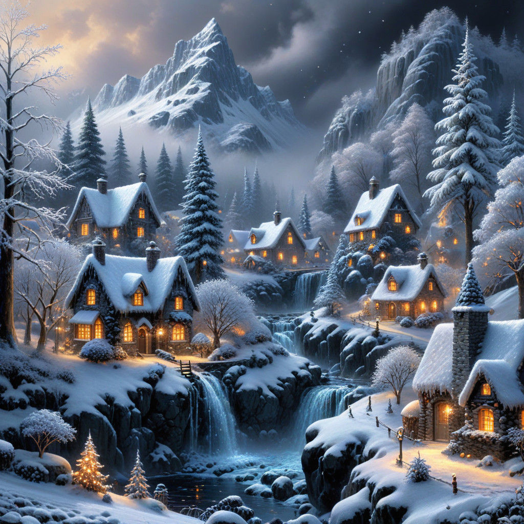 Enchanted Snow-Kissed Village on a Dark Botanical Background
