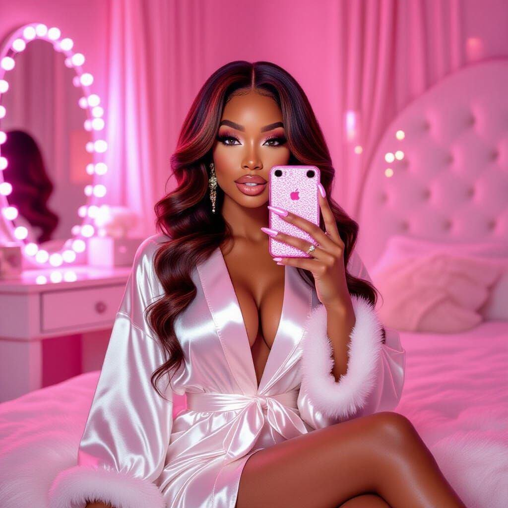 Woman's Mirror Selfie in Lavish Bedroom with Pink LED Lights