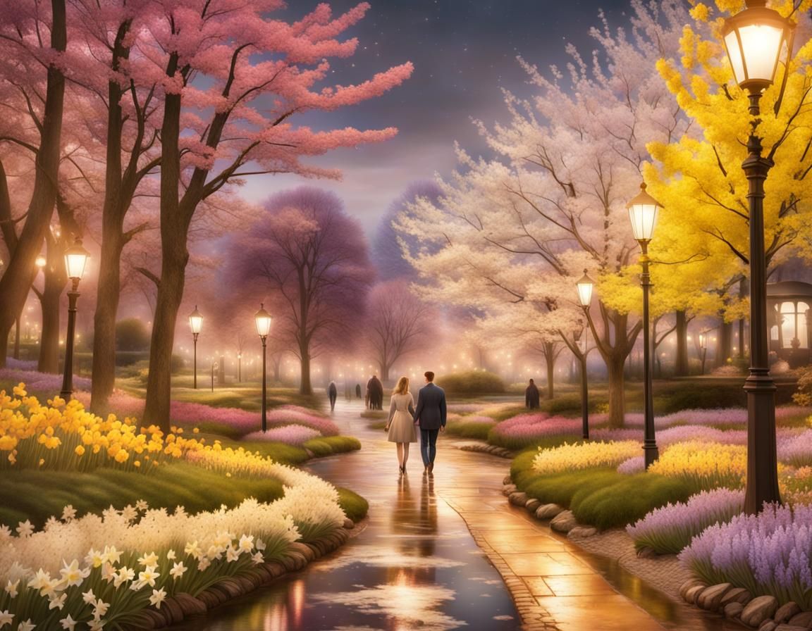 Night Scene: Couple Walking Through Spring Park